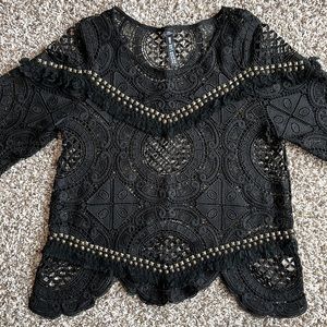 Black Fringe & Gold Studded - Scalloped Lace Long Sleeve Top - Size Medium NWOT